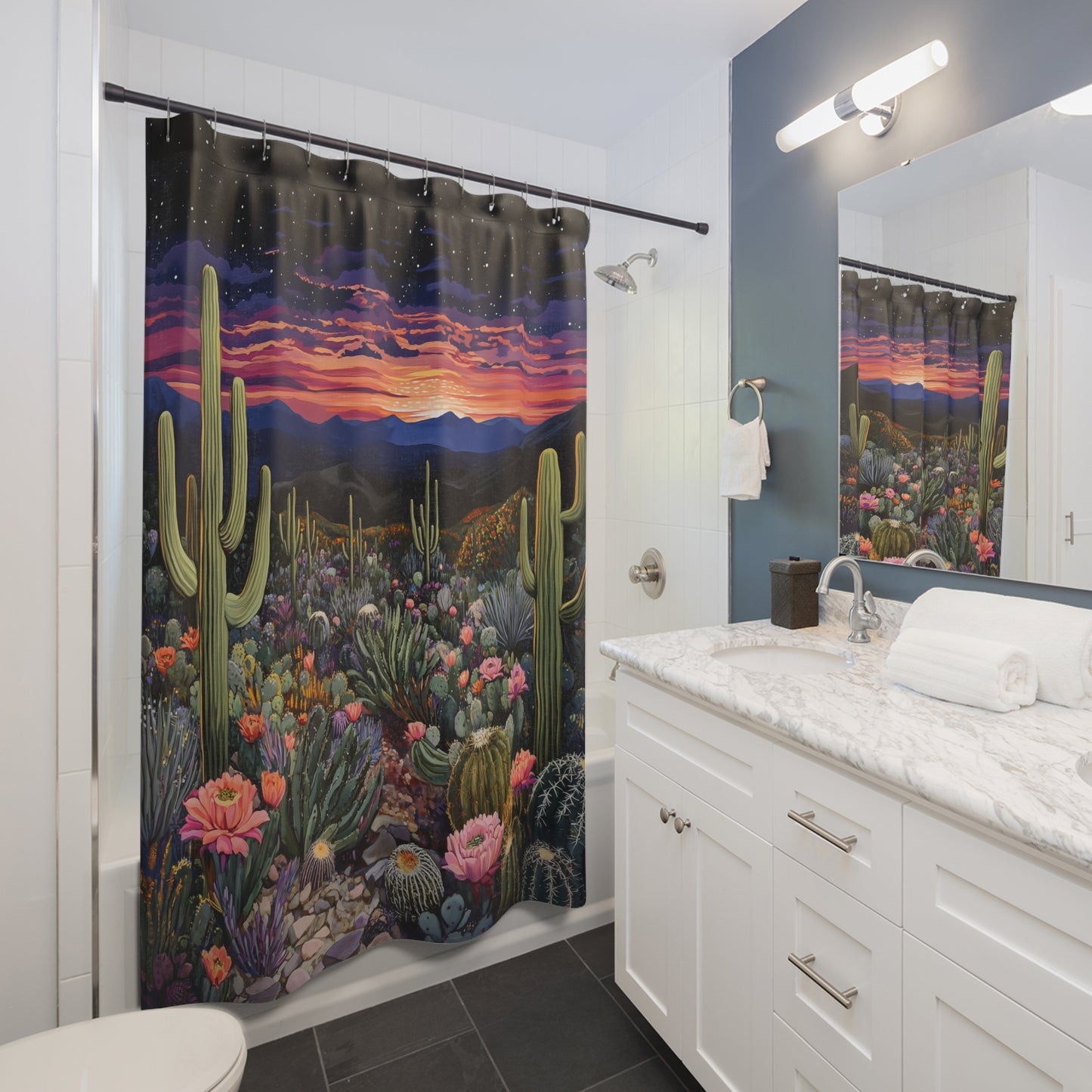 Desert Sunset Shower Curtain, Boho Bathroom Decor, Cactus Pattern, Home & Garden, Unique Gift Idea