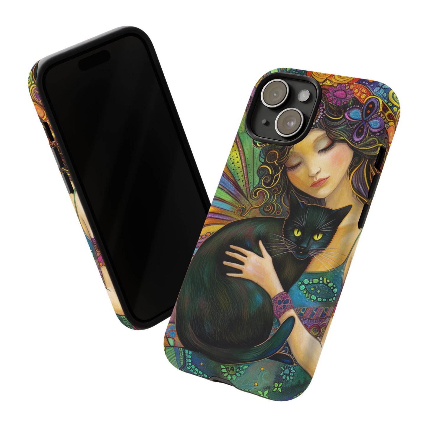 Artistic Phone Case, Celestial Cat Case, Bohemian Style, Gift for Cat Lovers, Unique Phone Protection, Colorful Design