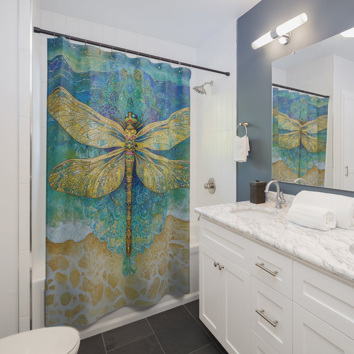 Golden Dragonfly Shower Curtain | Boho Ocean Mandala Bath Decor