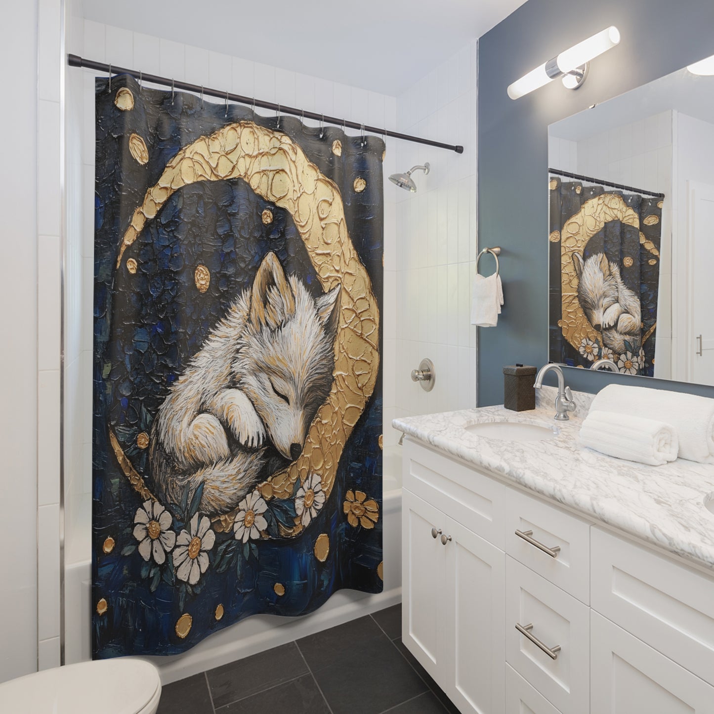 Moonlit Wolf Shower Curtain, Calm Home Decor, Animal Lovers Gift, Bathroom Accessories, Nursery Decor, Woodland Theme