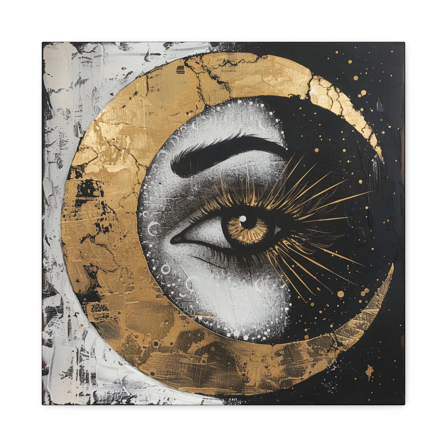 Celestial Eye Canvas Art, Gold Moon Wall Decor, Modern Home Aesthetic, Spiritual Artwork, Gift for Meditation, Boho Living Room Accent