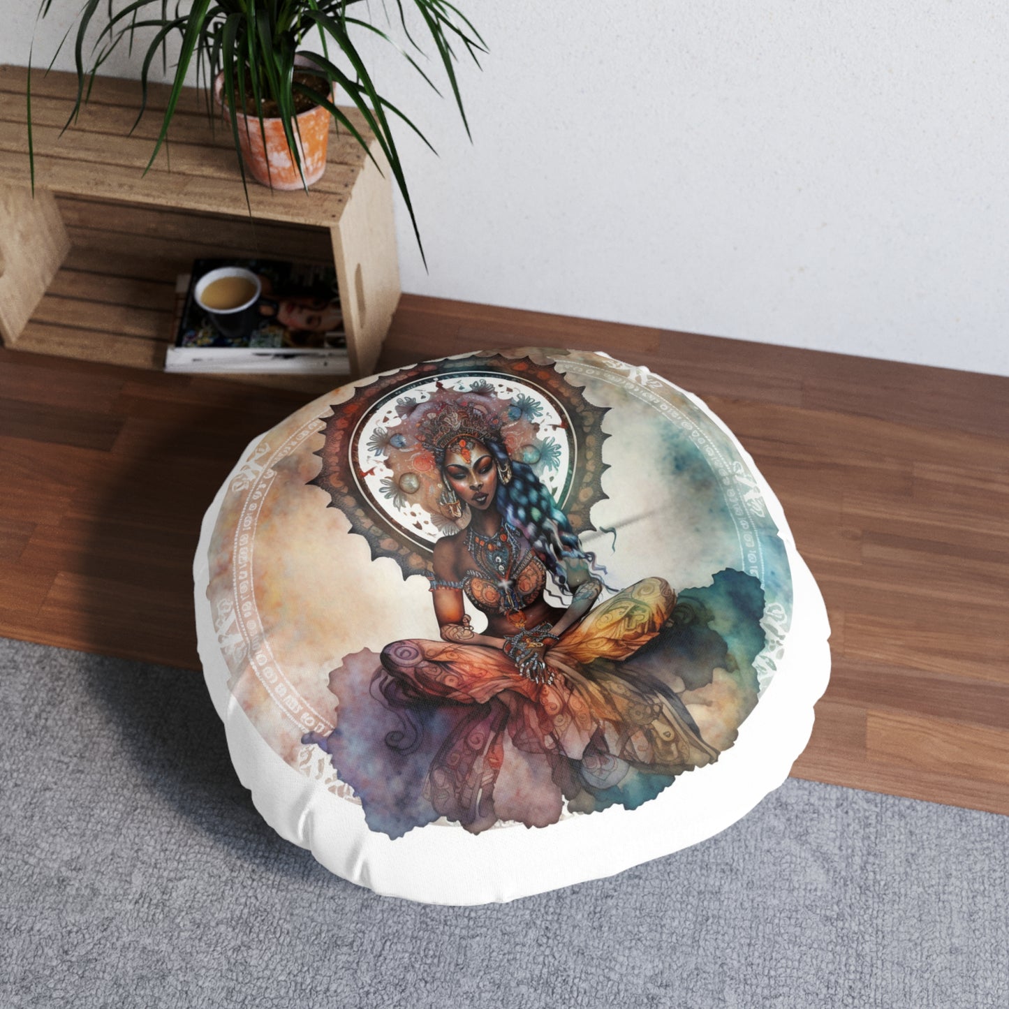 Bohemian Mystical Goddess Round Tufted Floor Pillow, Meditation Cushion, Boho Decor, Cozy Home Accent, Yoga Studio Essential