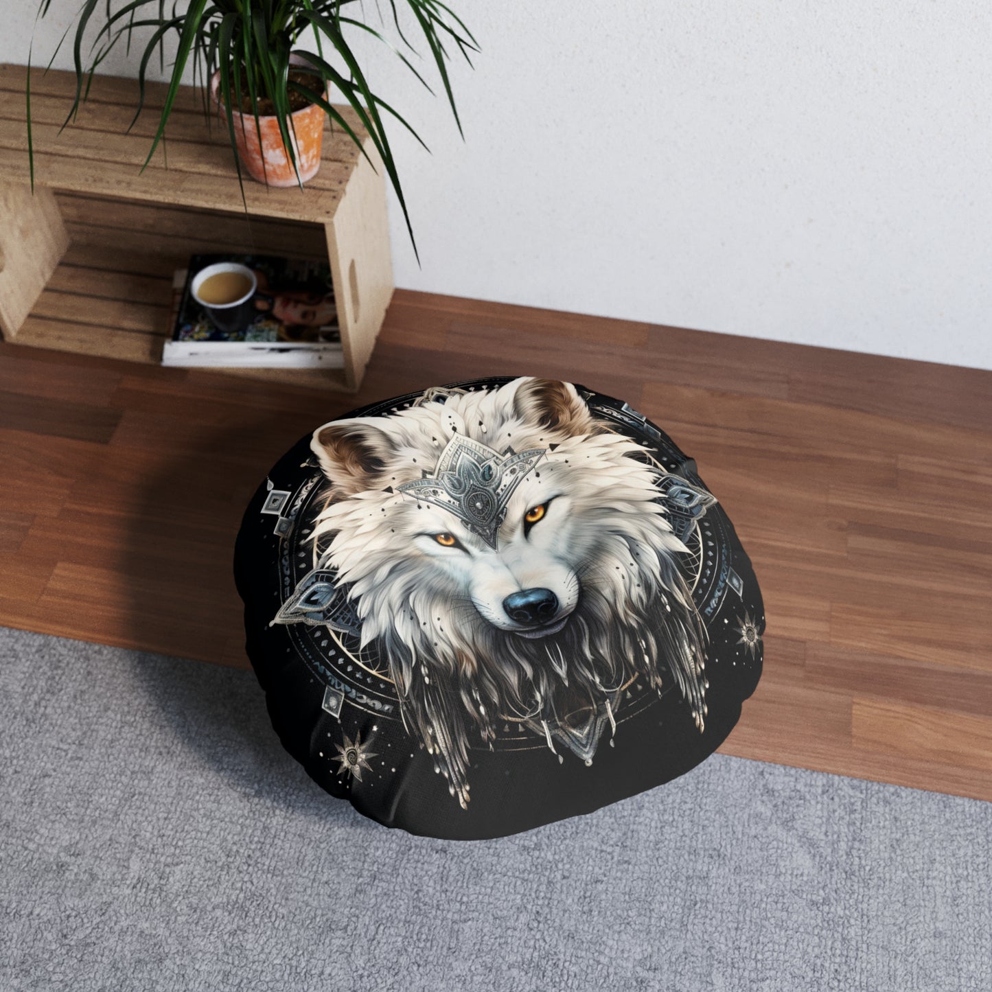 Bohemian Wolf Tufted Floor Pillow, Round Decorative Cushion, Cozy Living Room Decor, Boho Home Accent, Gift Idea for Animal Lovers