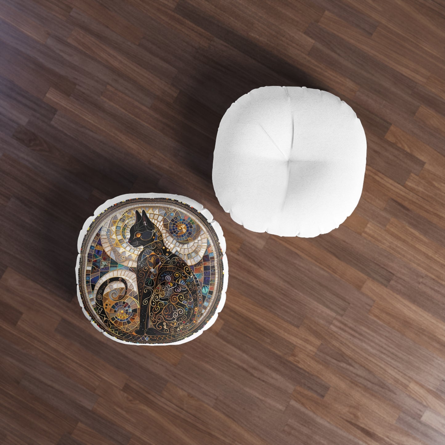 Mystical Cat-Themed Tufted Floor Pillow, Round | Cozy Home Decor, Bohemian Style Cushion, Gift for Cat Lovers, Accent Pillow