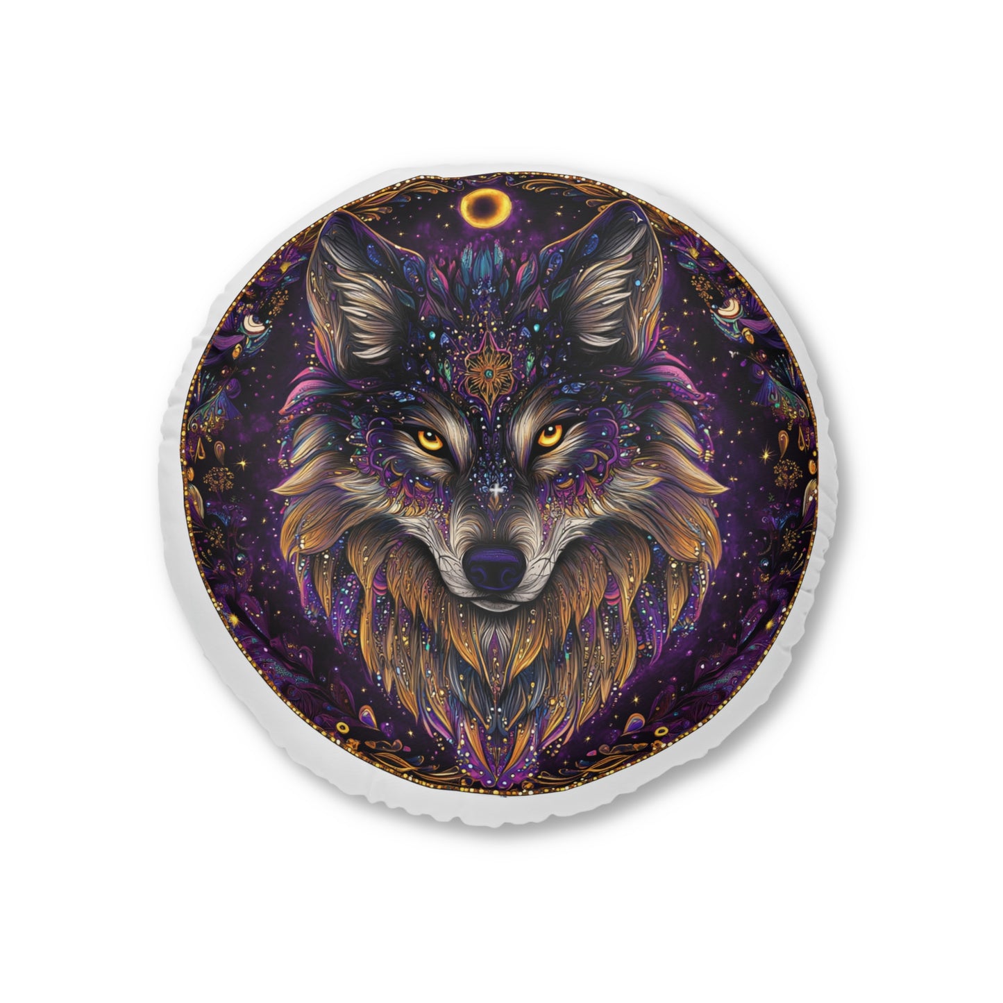 Mystical Wolf Tufted Floor Pillow, Round Decorative Cushion, Boho Living Room Decor, Cozy Meditation Pillow, Unique Gift Idea