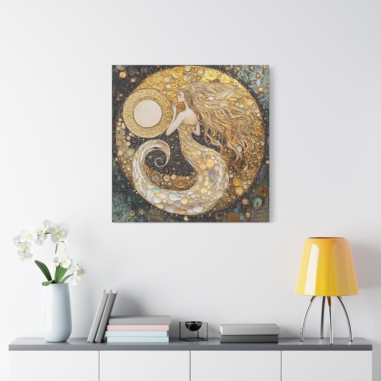 Mermaid Moon Art Canvas, Magical Home Decor, Coastal Vibes, Bohemian Wall Art, Gift for Sea Lovers, Nautical Aesthetic, Unique Art Piece