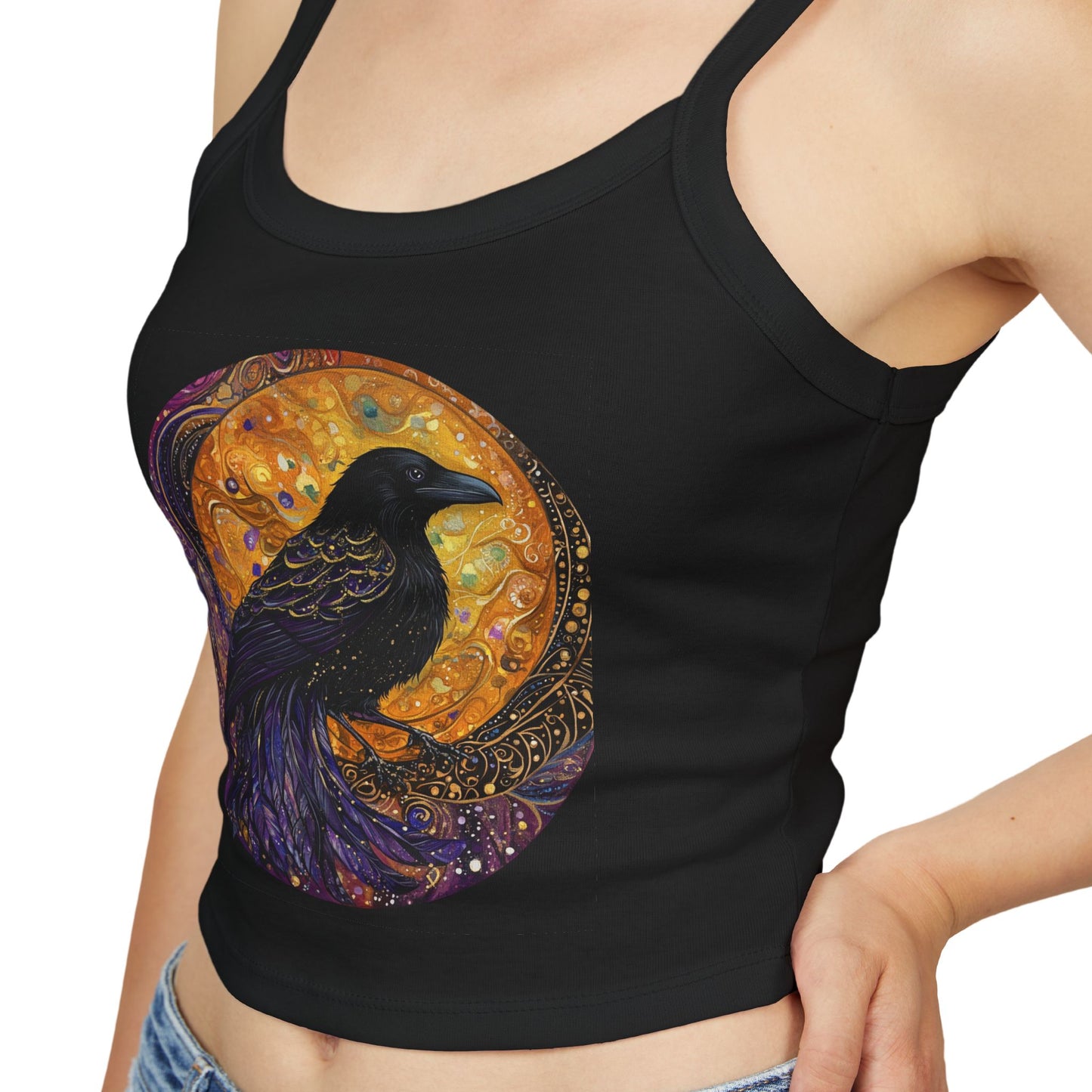 Mystical Raven Tank Top, Bohemian Crop Tee, Women's Summer Apparel, Festival Wear, Moon Phase Fashion