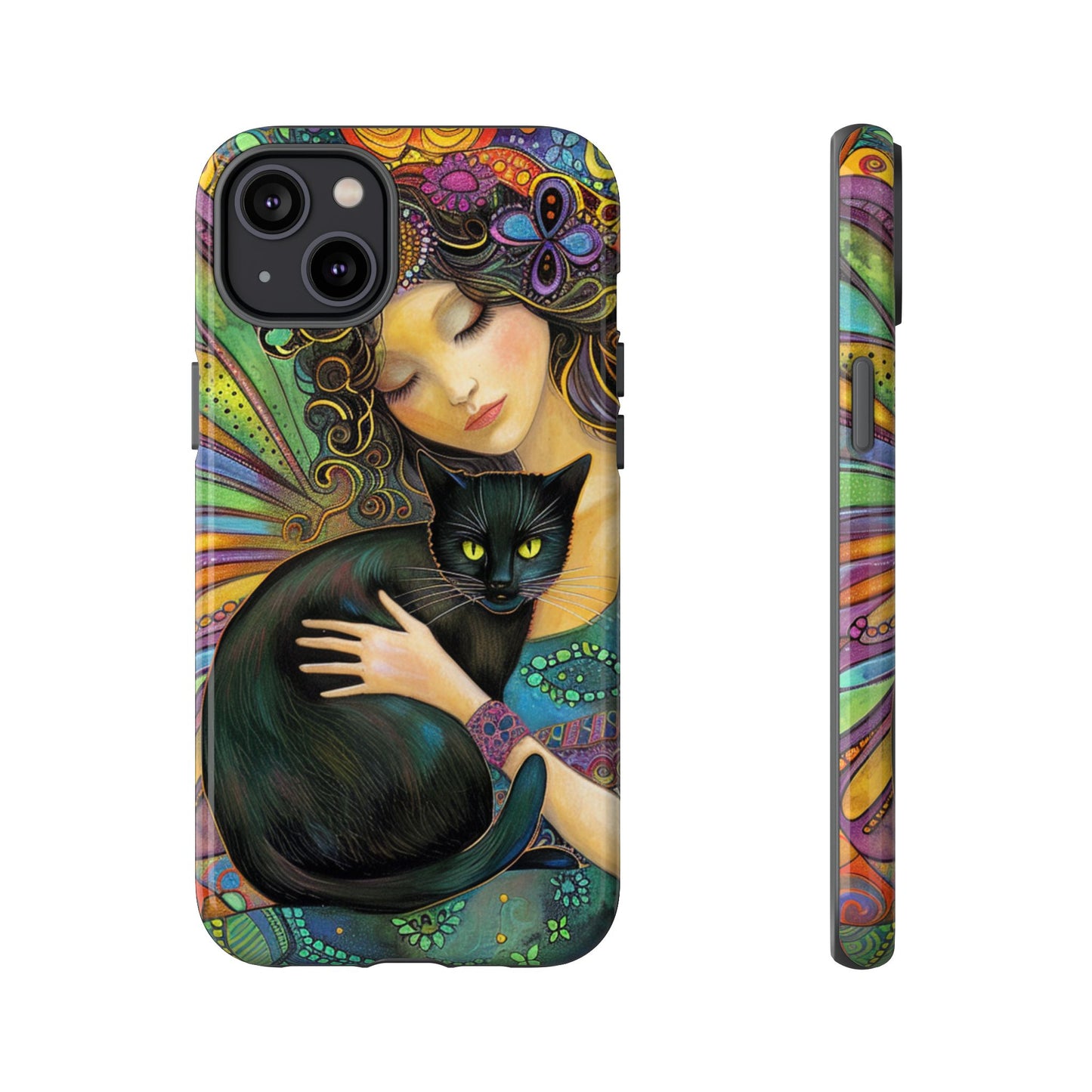 Artistic Phone Case, Celestial Cat Case, Bohemian Style, Gift for Cat Lovers, Unique Phone Protection, Colorful Design
