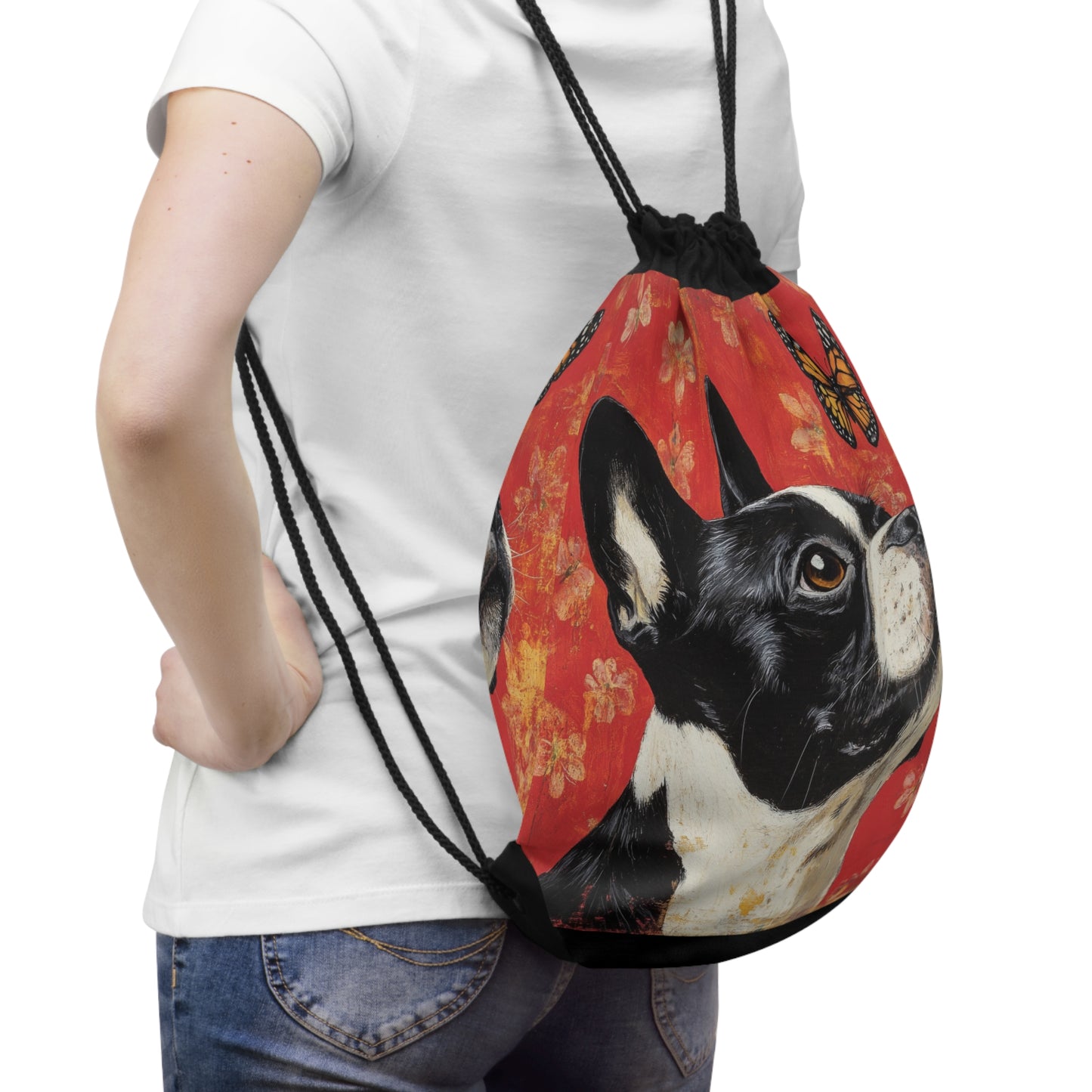 Boston Terrier and Monarch Butterfly Drawstring Bag | Dog Art Backpack