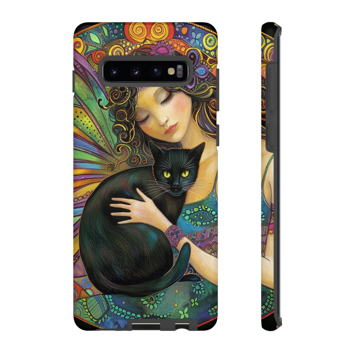 Artistic Phone Case, Celestial Cat Case, Bohemian Style, Gift for Cat Lovers, Unique Phone Protection, Colorful Design