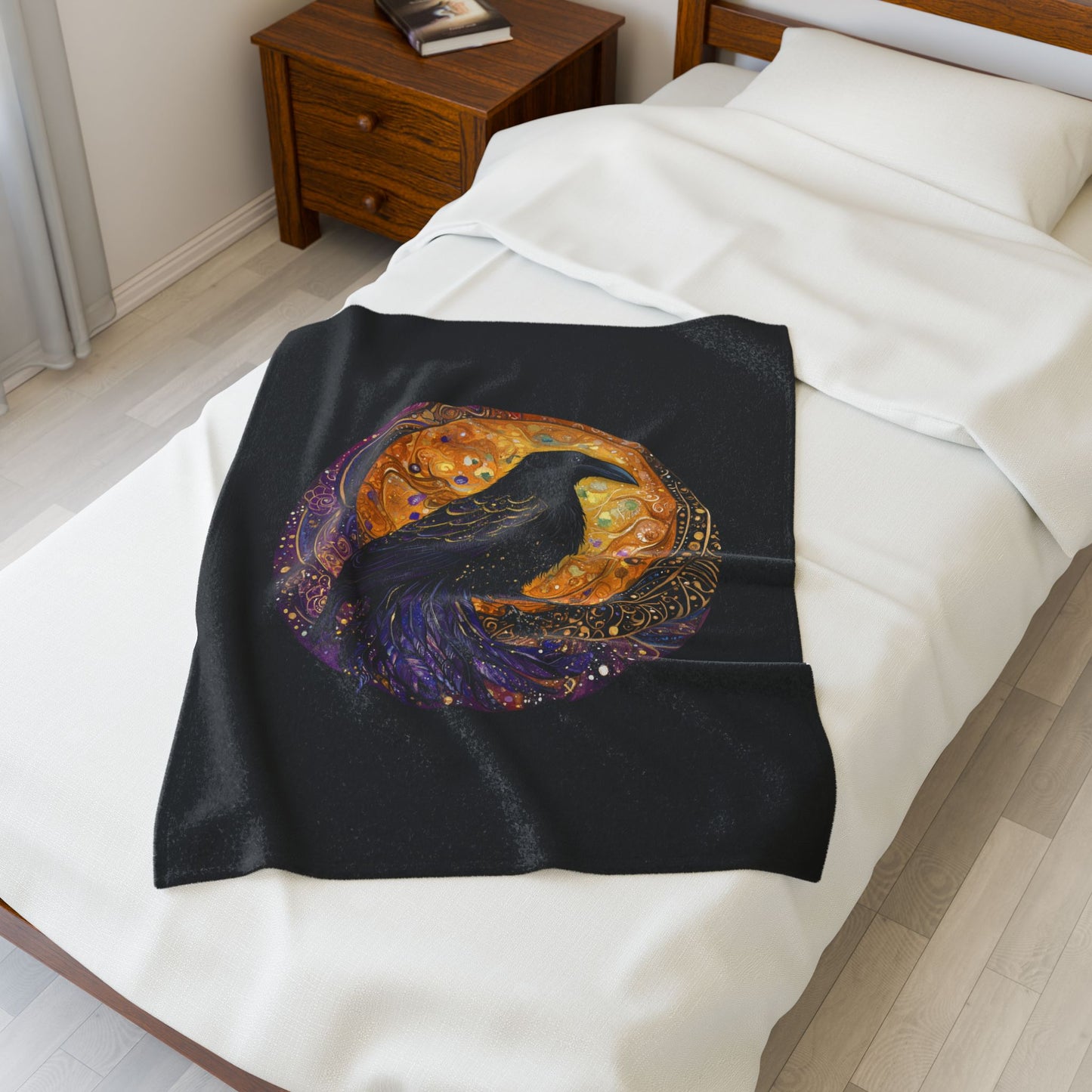 Raven Moon Plush Blanket | Cozy Decorative Throw, Gift for Bird Lovers, Bedroom Decor, Halloween Vibes, Home Comfort