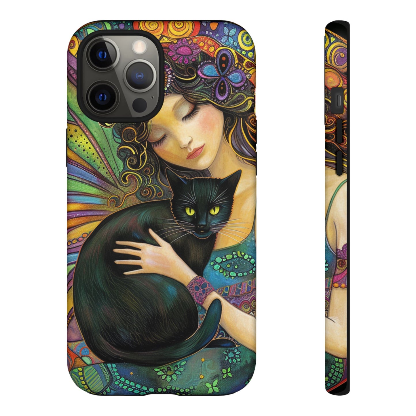 Artistic Phone Case, Celestial Cat Case, Bohemian Style, Gift for Cat Lovers, Unique Phone Protection, Colorful Design