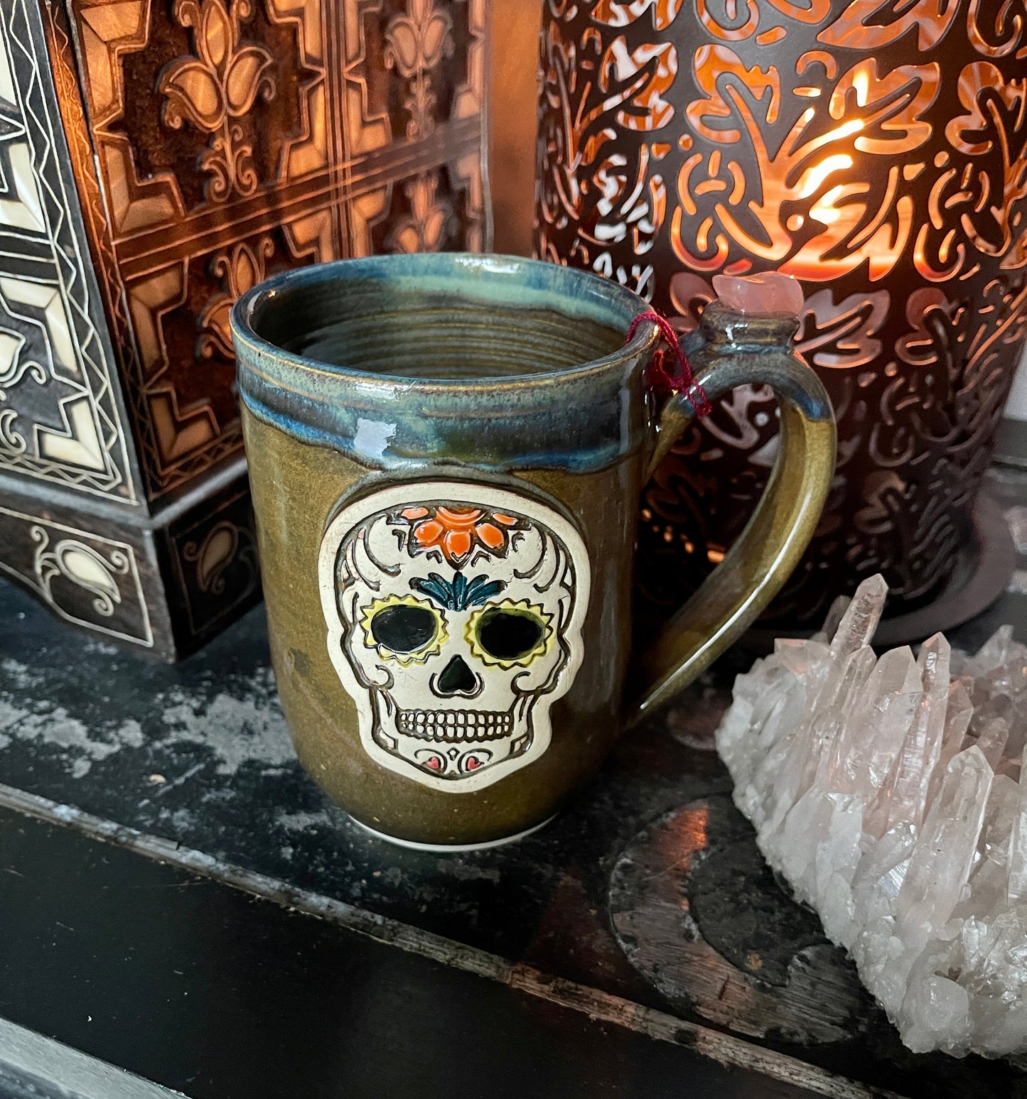 NWT Sugar Skull Mug with Genuine Rose Quartz Crystal, Bodhi Crystal Magic