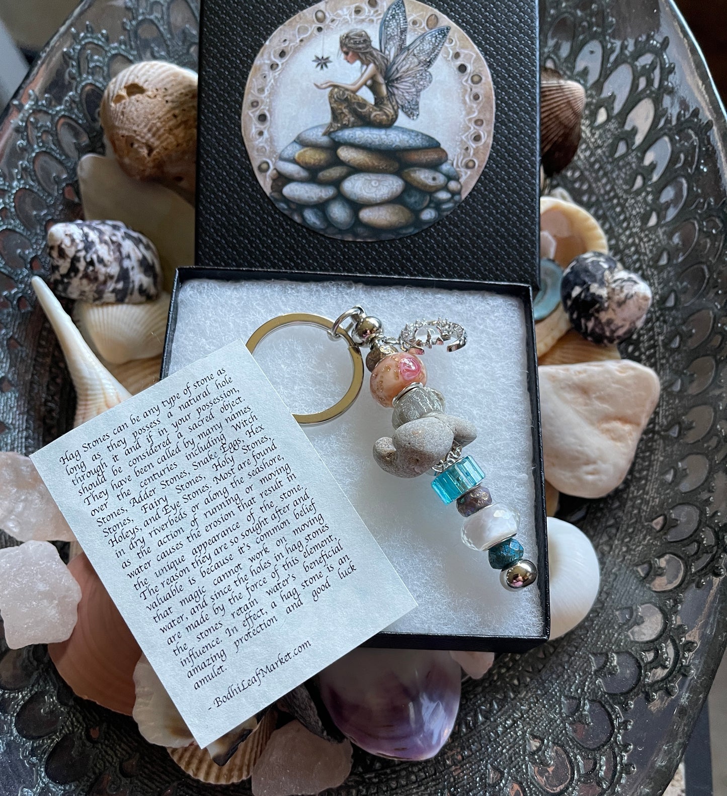 Stone Fairy Gift Box With Hagstone and Bead Keychain
