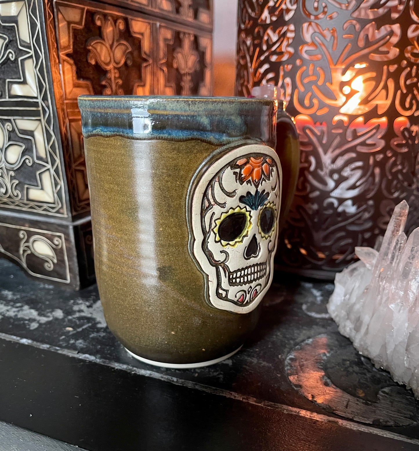 NWT Sugar Skull Mug with Genuine Rose Quartz Crystal, Bodhi Crystal Magic