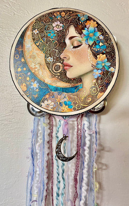 moon goddess, mystical moon goddess, lady of the moon, moon goddess wall art, goddess canvas, goddess tambourine, bodhi leaf market, beautiful goddess, colorful goddess, mystic goddess, mystical moon