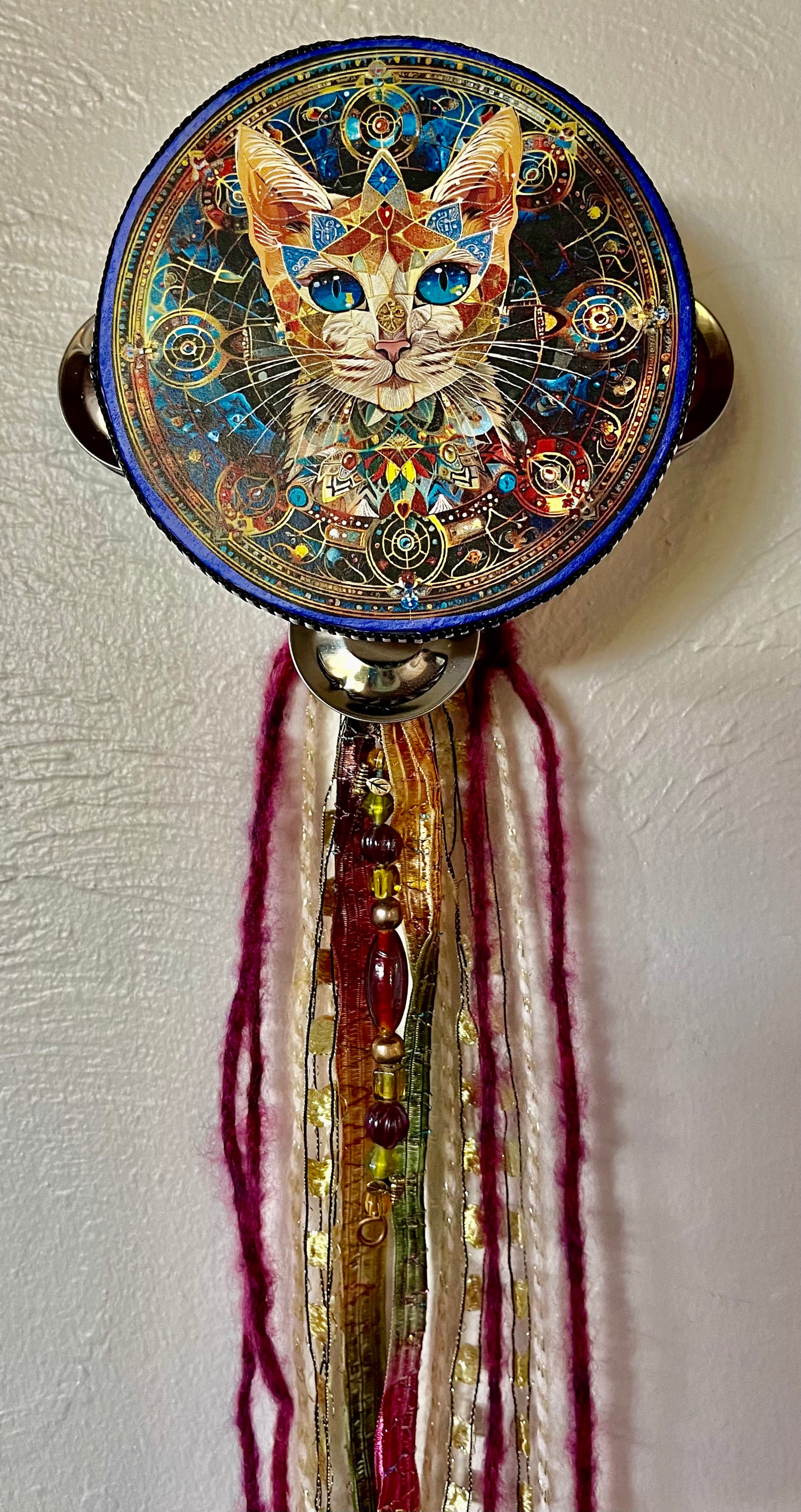 Charmed Hamsa Cat Tambourine Art, Original Artwork, Bodhi Home Decor