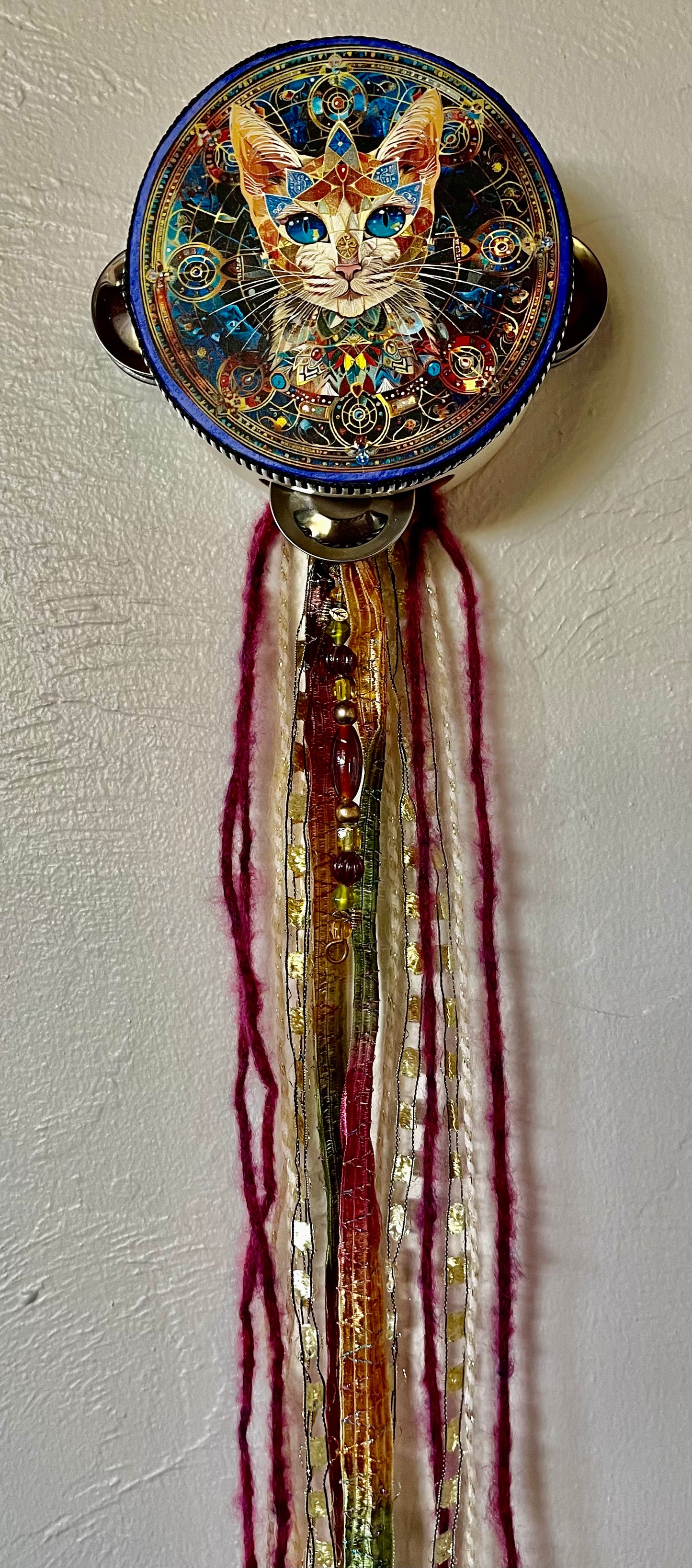 Charmed Hamsa Cat Tambourine Art, Original Artwork, Bodhi Home Decor