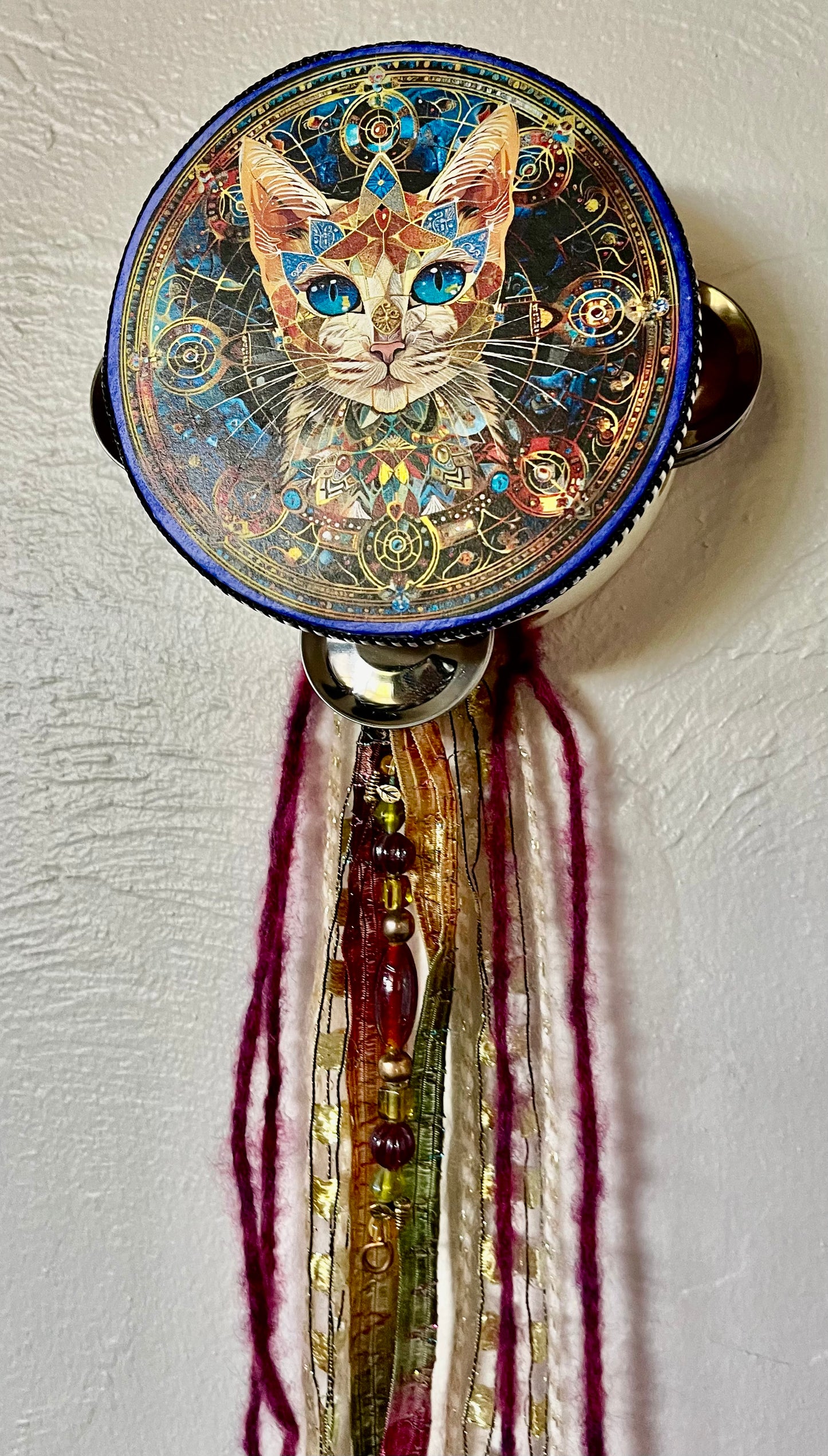 Charmed Hamsa Cat Tambourine Art, Original Artwork, Bodhi Home Decor