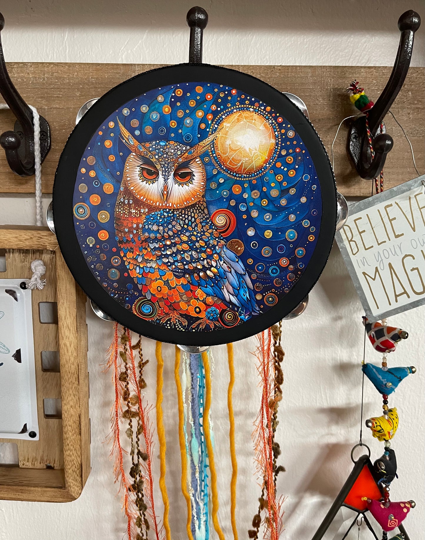 Owl Spirit Animal Wall Tambourine and Ribbon Hanging, Bodhi Home Decor