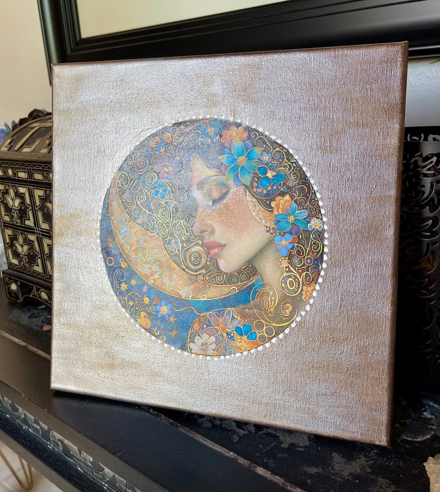 Lady of the Moon Canvas, Acrylic, Decoupaged Art Print, Original Artwork, Goddess Canvas