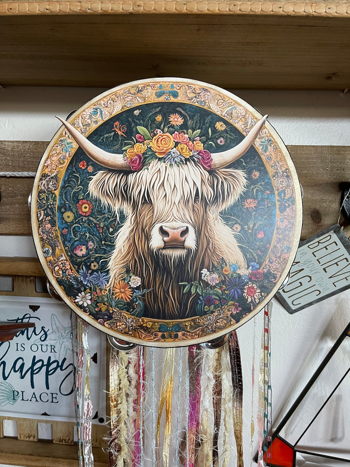 Floral Highland Cow Tambourine and Wall Decor, Farmhouse Style