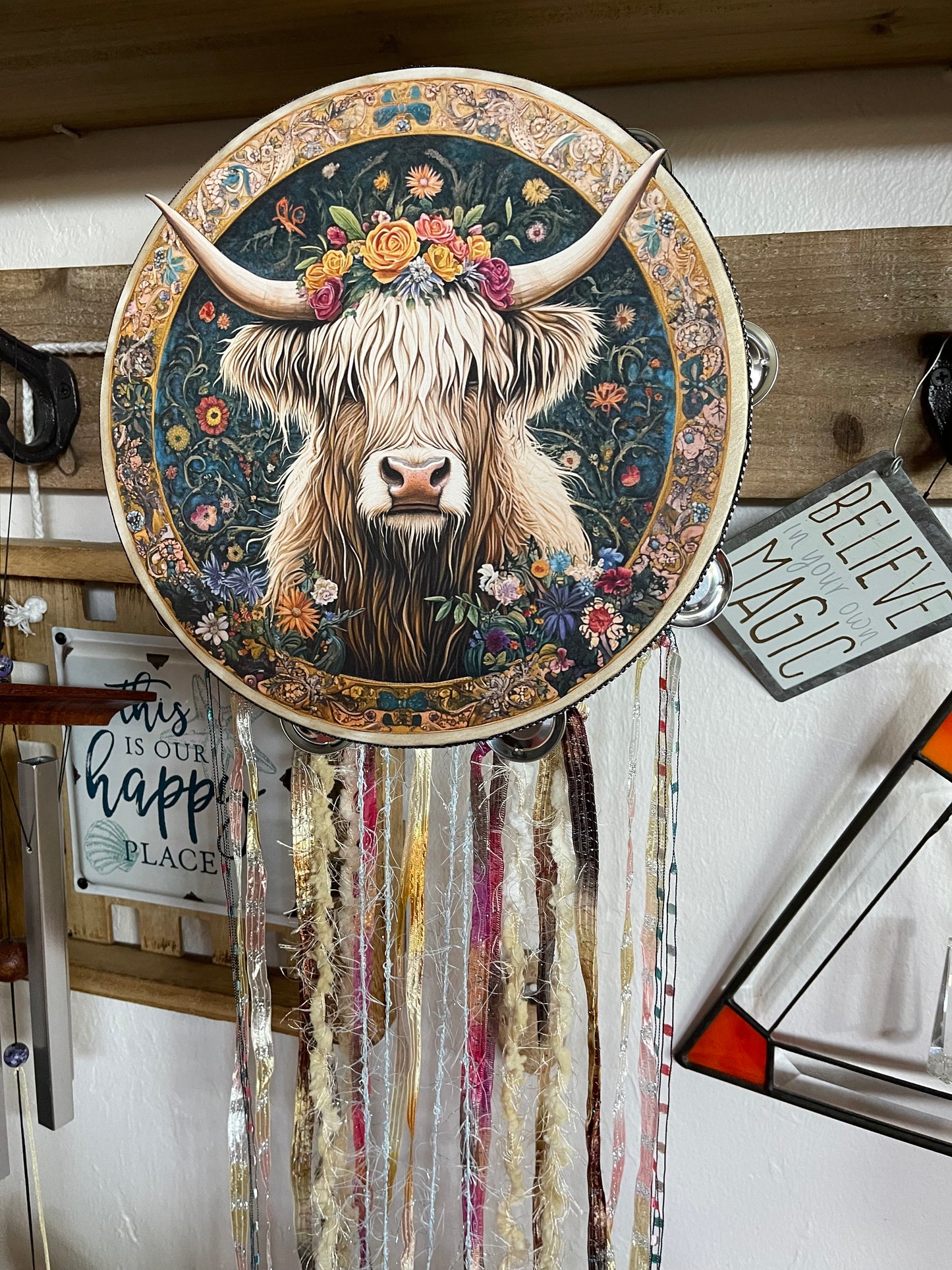 Floral Highland Cow Tambourine and Wall Decor, Farmhouse Style