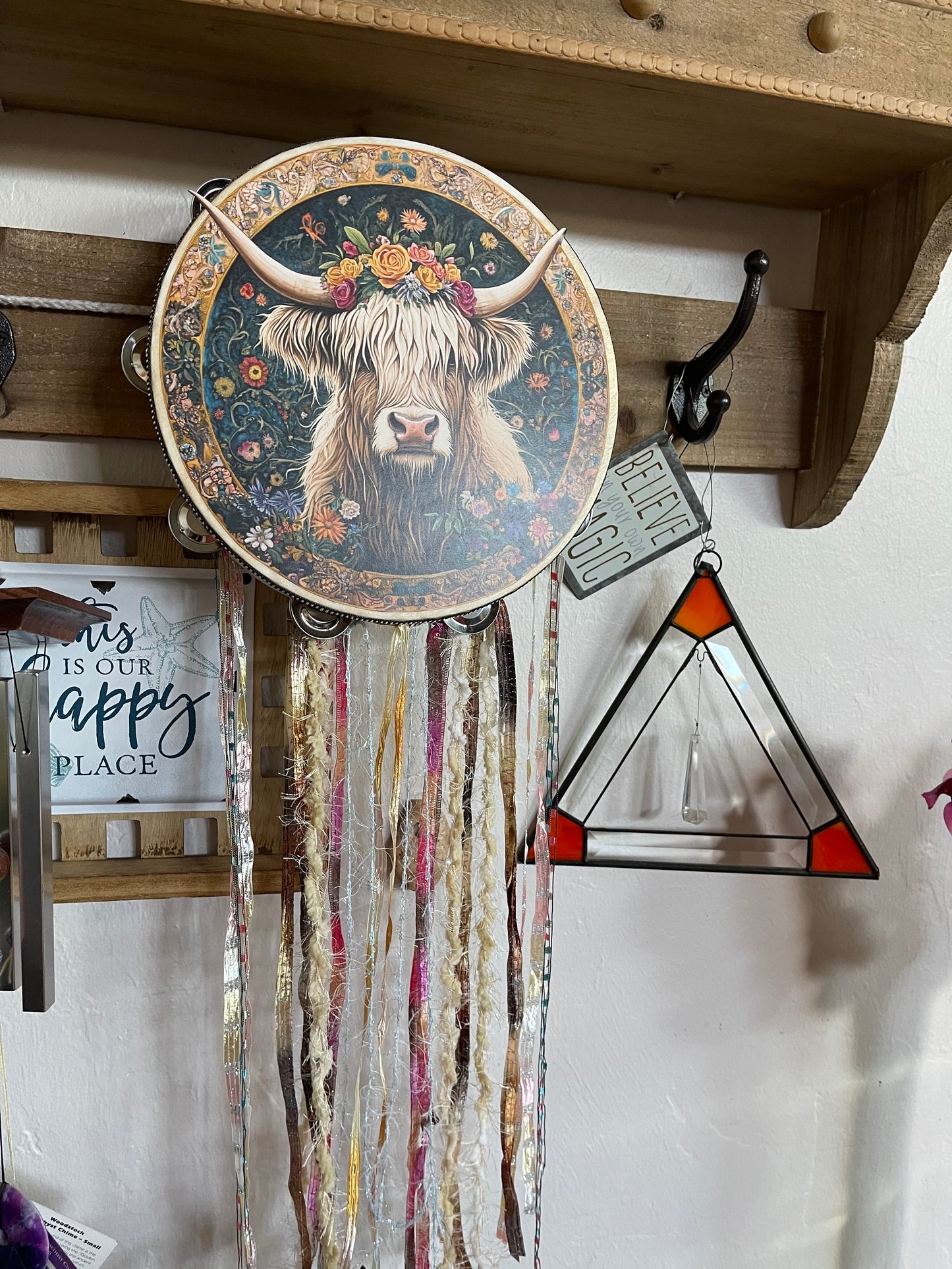 Floral Highland Cow Tambourine and Wall Decor, Farmhouse Style