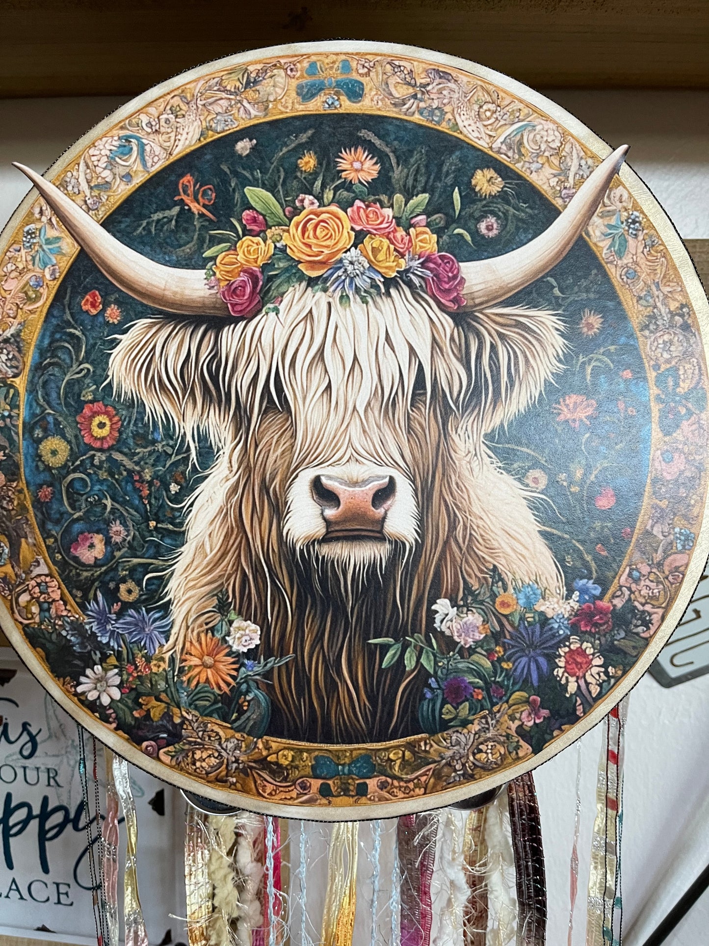 Floral Highland Cow Tambourine and Wall Decor, Farmhouse Style