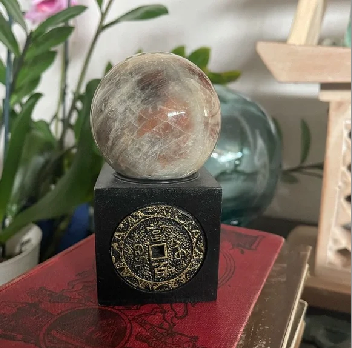 Gorgeous Natural Blue Rainbow Moonstone Belomorite Crystal Sphere Ball, Bodhi Crystal Magic