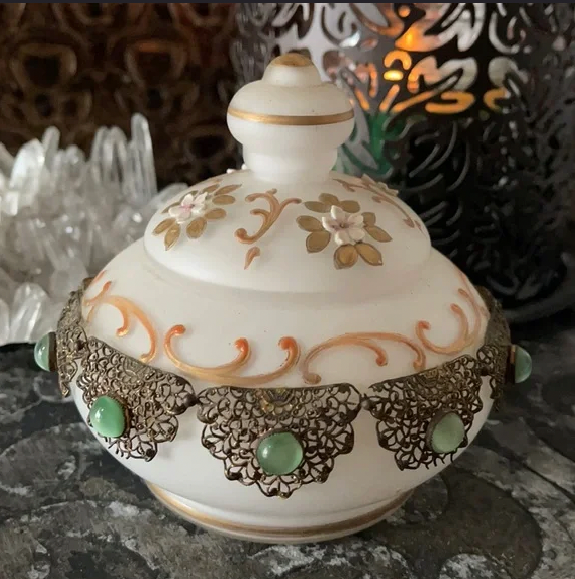 Stunning Vintage Filigree Metal and Stone Accent Trinket Dish, Bodhi Vintage