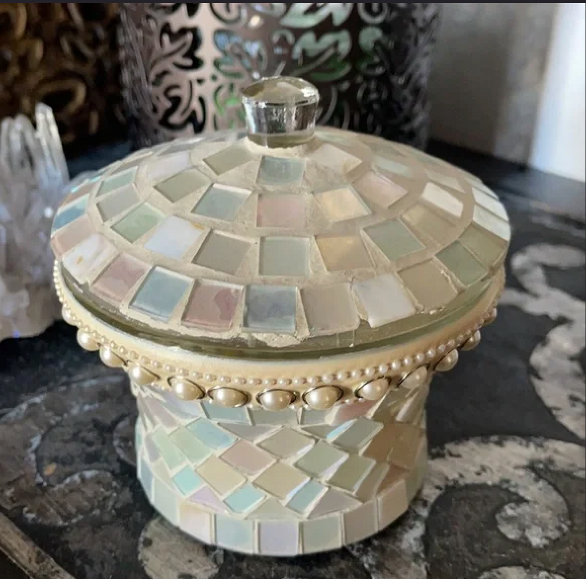 Heavy Mosiac Glass Trinket Jar with Lid, Bodhi Vintage