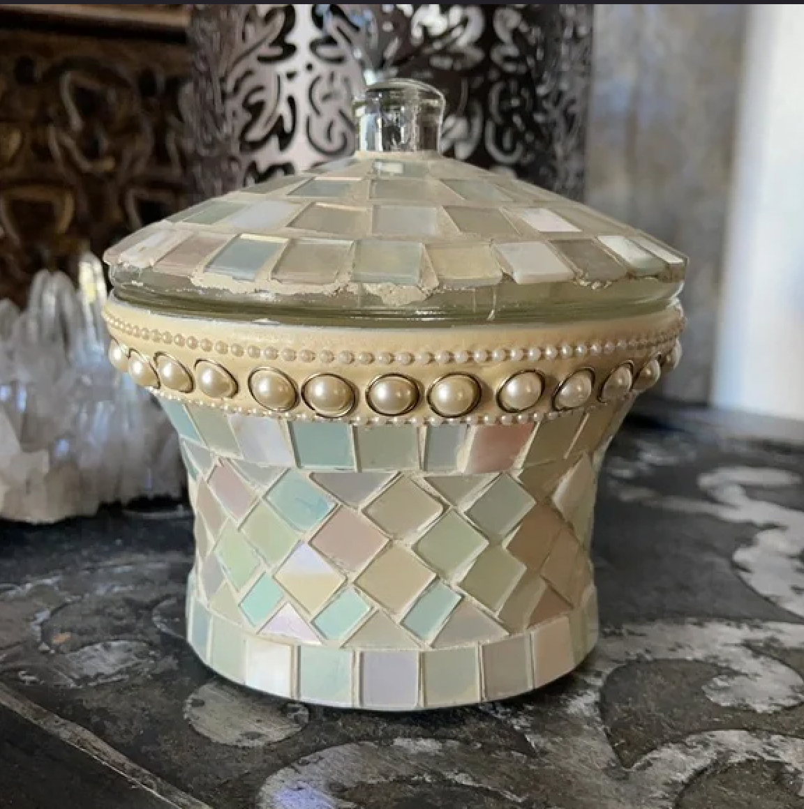 Heavy Mosiac Glass Trinket Jar with Lid, Bodhi Vintage