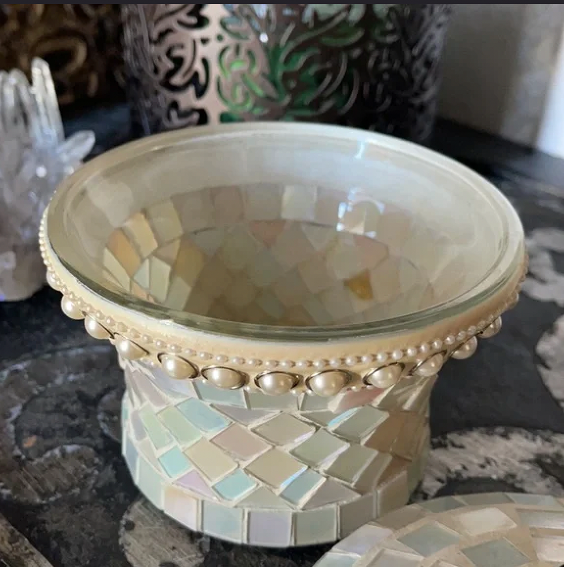 Heavy Mosiac Glass Trinket Jar with Lid, Bodhi Vintage