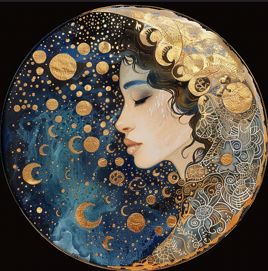 moon goddess, mystical moon goddess, lady of the moon, moon goddess wall art, goddess canvas, goddess tambourine, bodhi leaf market, beautiful goddess, colorful goddess, mystic goddess, mystical moon