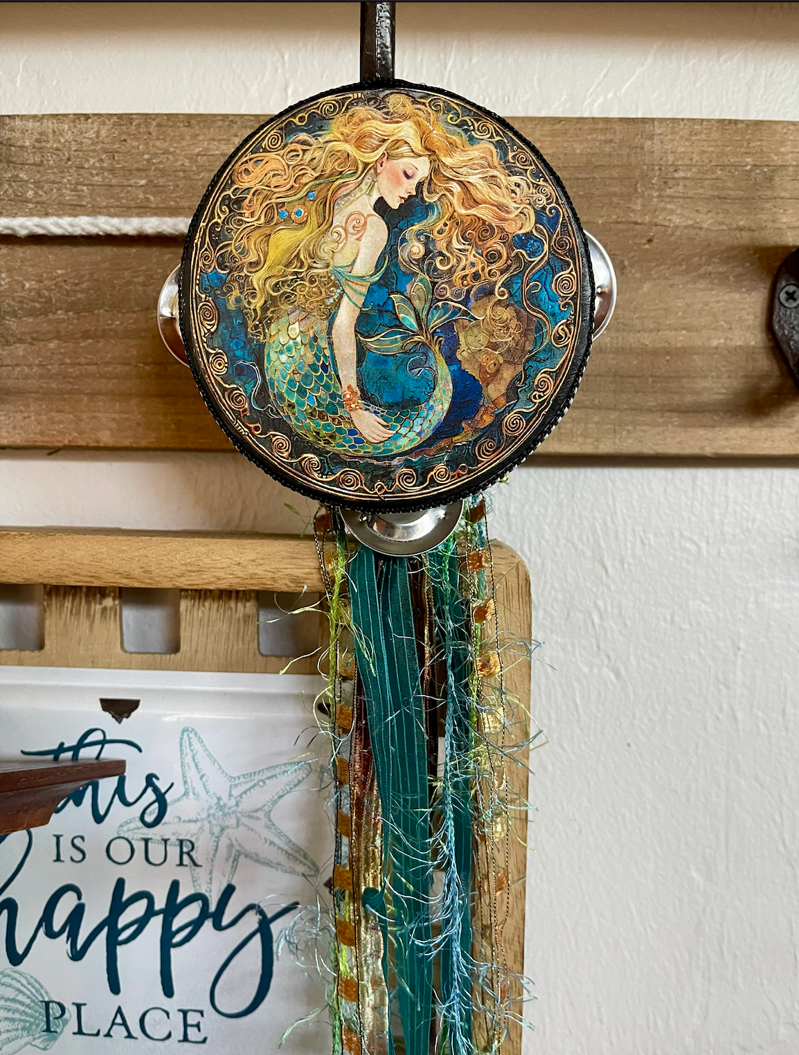 mermaid, mermaids, mermaid art, mermaid ribbon, mermaid tambourine, tambourine art, tambourine with ribbons, Bodhi Leaf Market