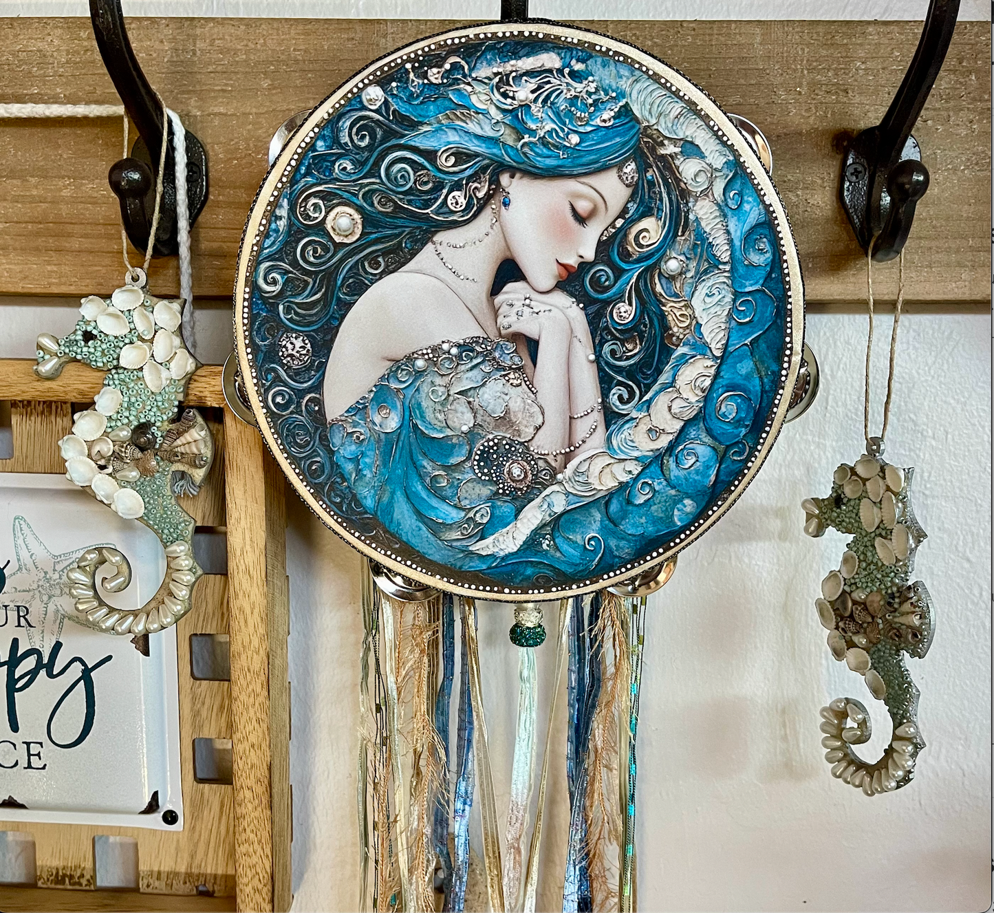Limited Edition "Pearl" Mermaid Tambourine with Ribbon and Seahorse Ornament