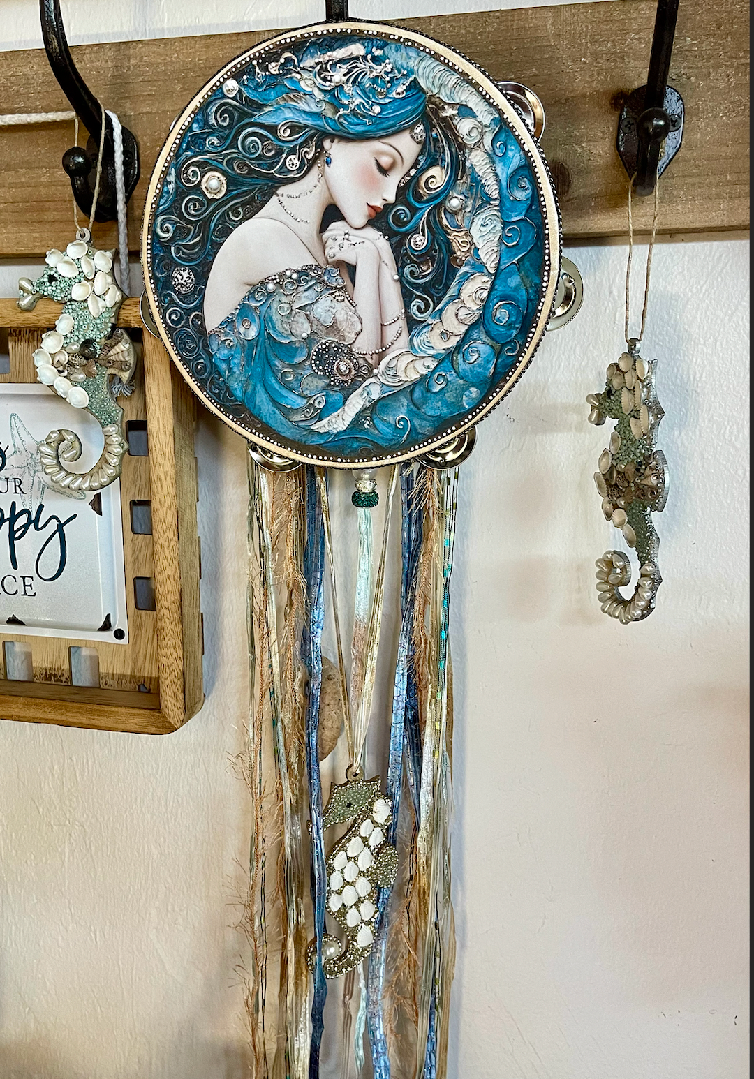 Limited Edition "Pearl" Mermaid Tambourine with Ribbon and Seahorse Ornament