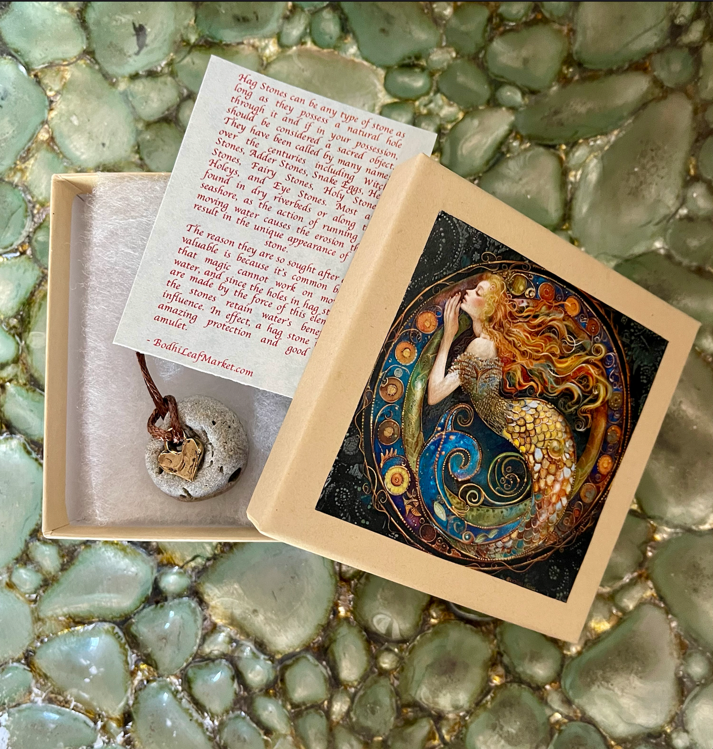 mermaid gift, boxed mermaid set, mermaid stone, hagstone, hagstone pendant, made in USA, made in florida, local beachstone, mermaid pendant, Bodhi Leaf Market, artisan bronze heart, one of a kind pendant, original artwork, mermaid art, mermaid gift box