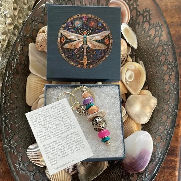 Elegant Bead and Hagstone Keychain with Dragonfly Gift Box, Bodhi Magic