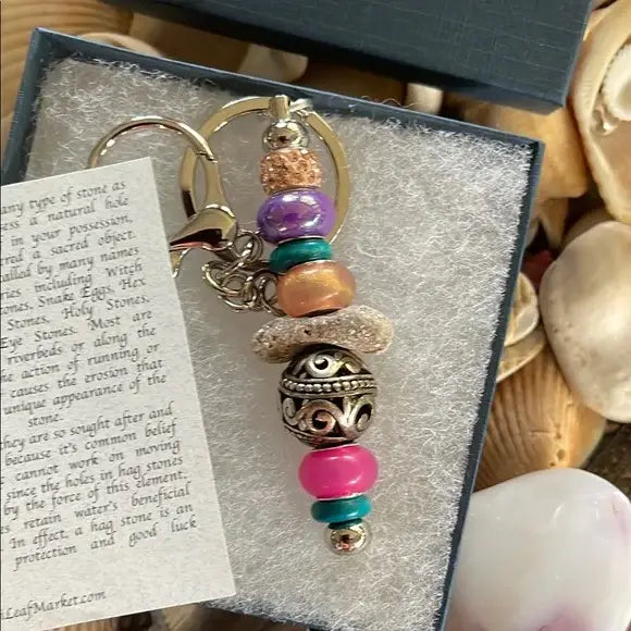 Elegant Bead and Hagstone Keychain with Dragonfly Gift Box, Bodhi Magic