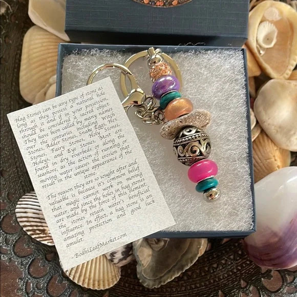 Elegant Bead and Hagstone Keychain with Dragonfly Gift Box, Bodhi Magic