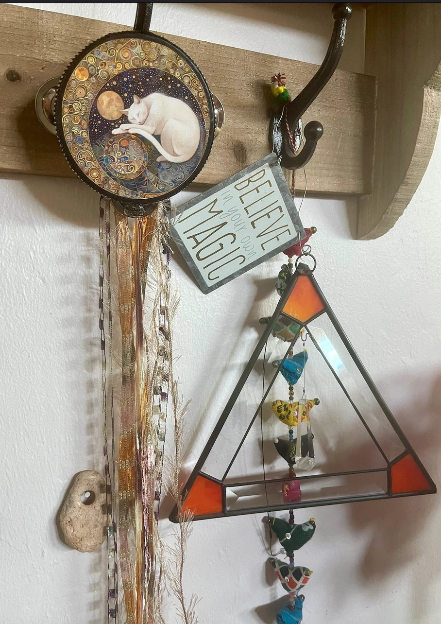 Mystical Moon Cat Tambourine and Ribbon Wall Accent