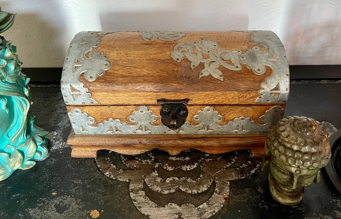 Stunning Hand Crafted Metal and Wood Box Vintage India, Bodhi Vintage