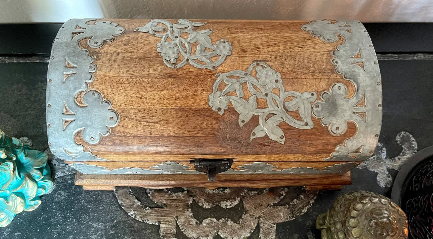 Stunning Hand Crafted Metal and Wood Box Vintage India, Bodhi Vintage