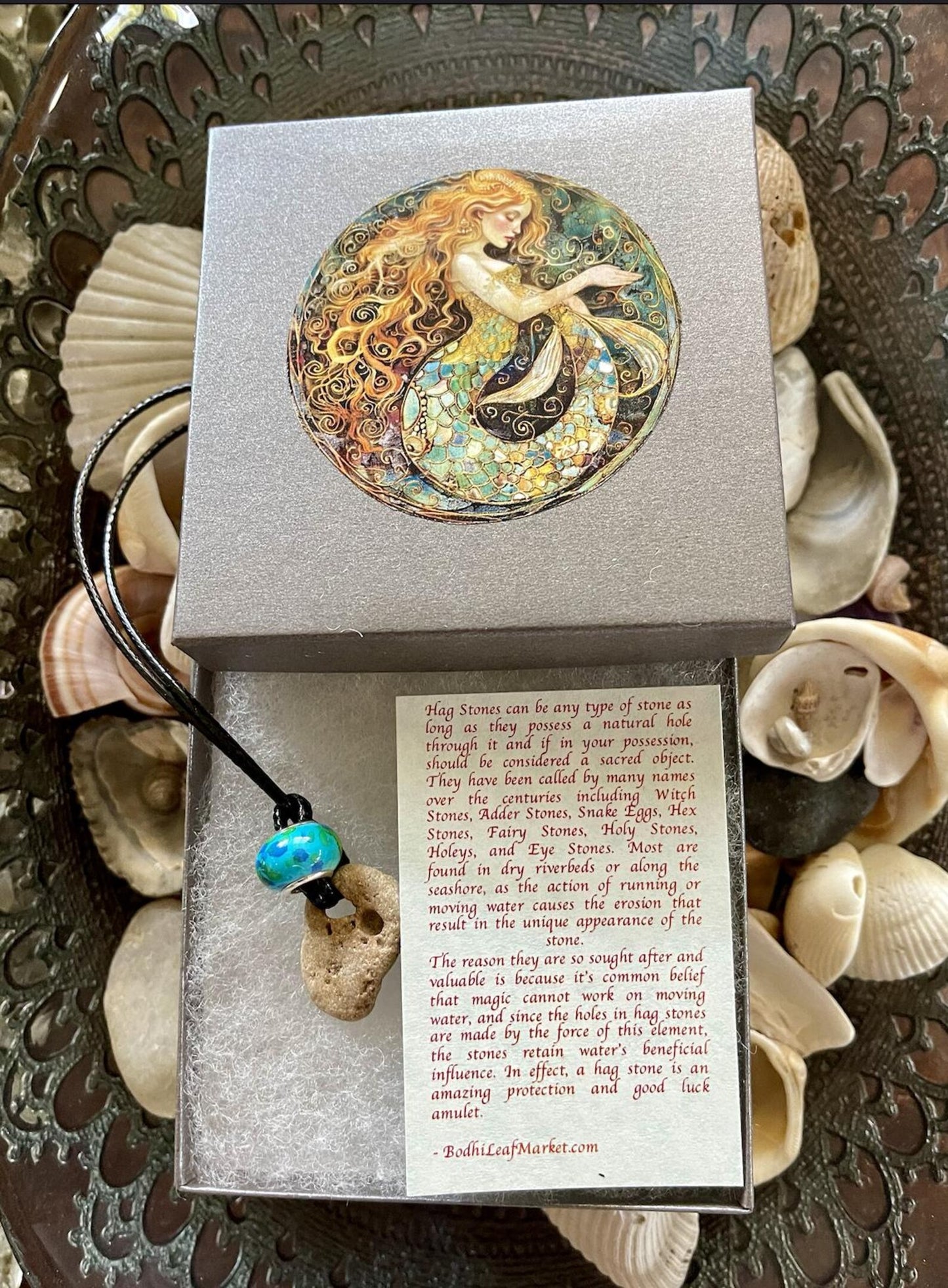 Gift Boxed Mermaid Hag Stone and Watercolor Bead, Bodhi Jewelry