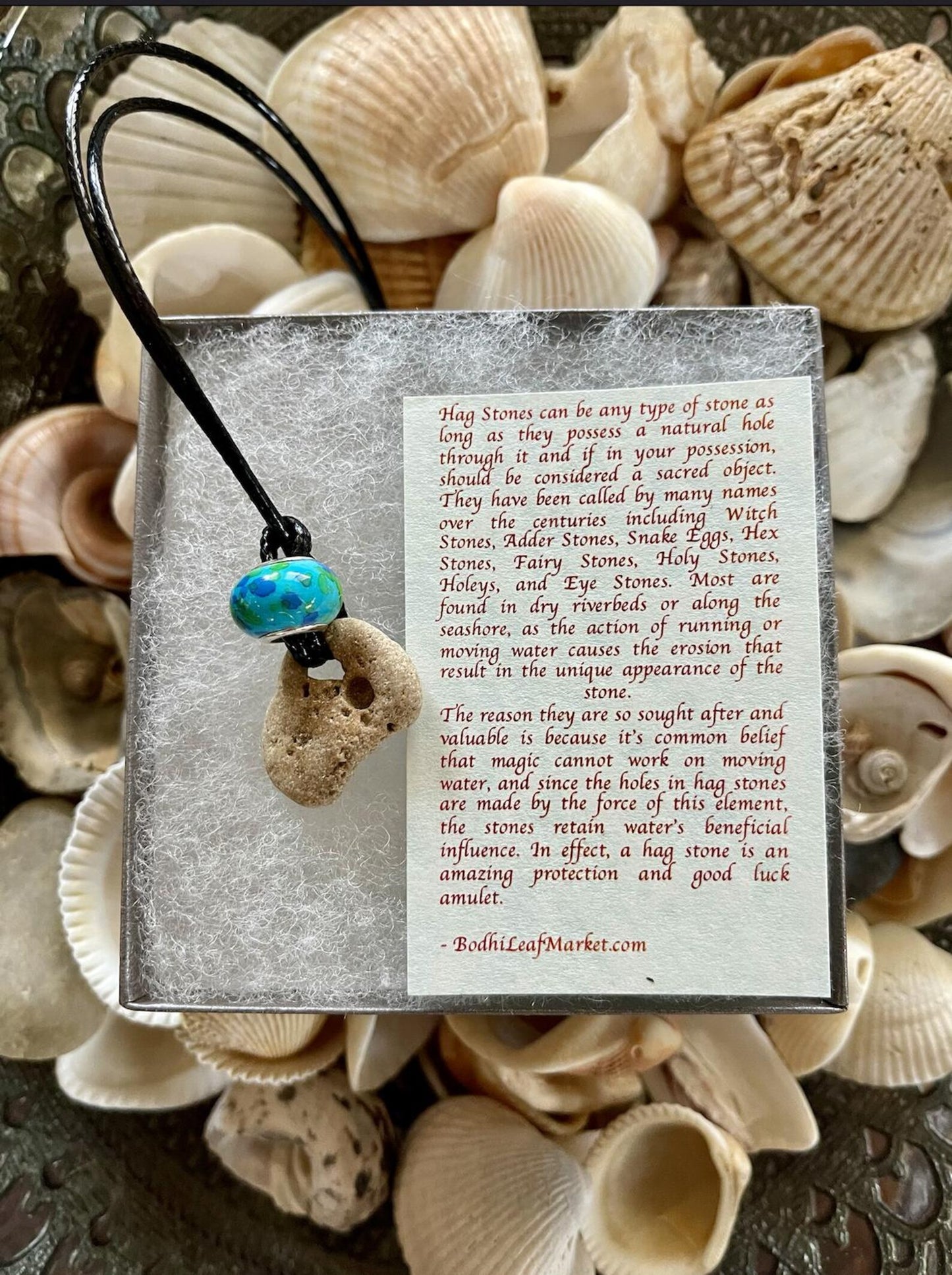Gift Boxed Mermaid Hag Stone and Watercolor Bead, Bodhi Jewelry