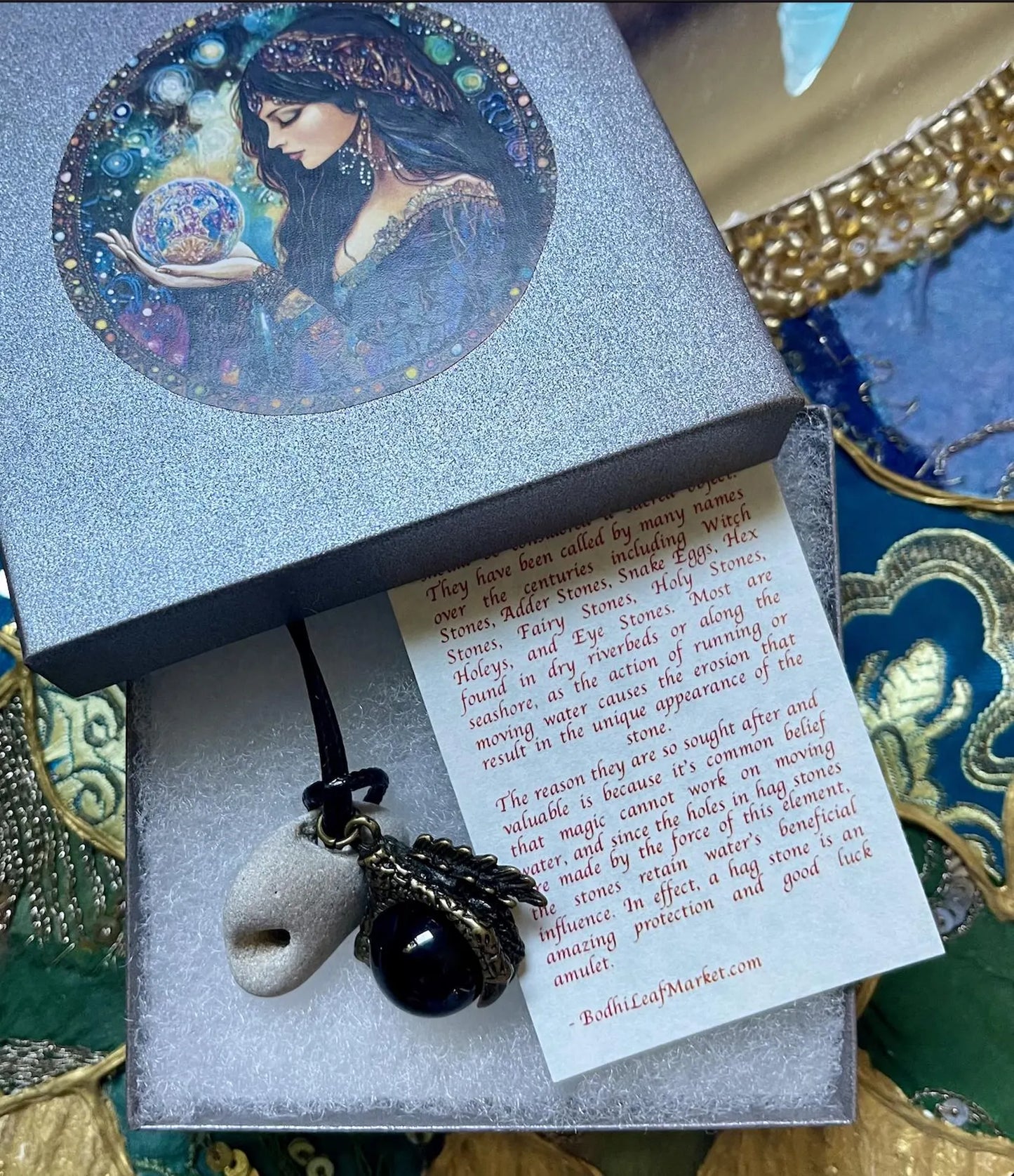 Boxed Fortune Teller Crystal Ball Charm and Hagstone Pendant, Bodhi Jewelry