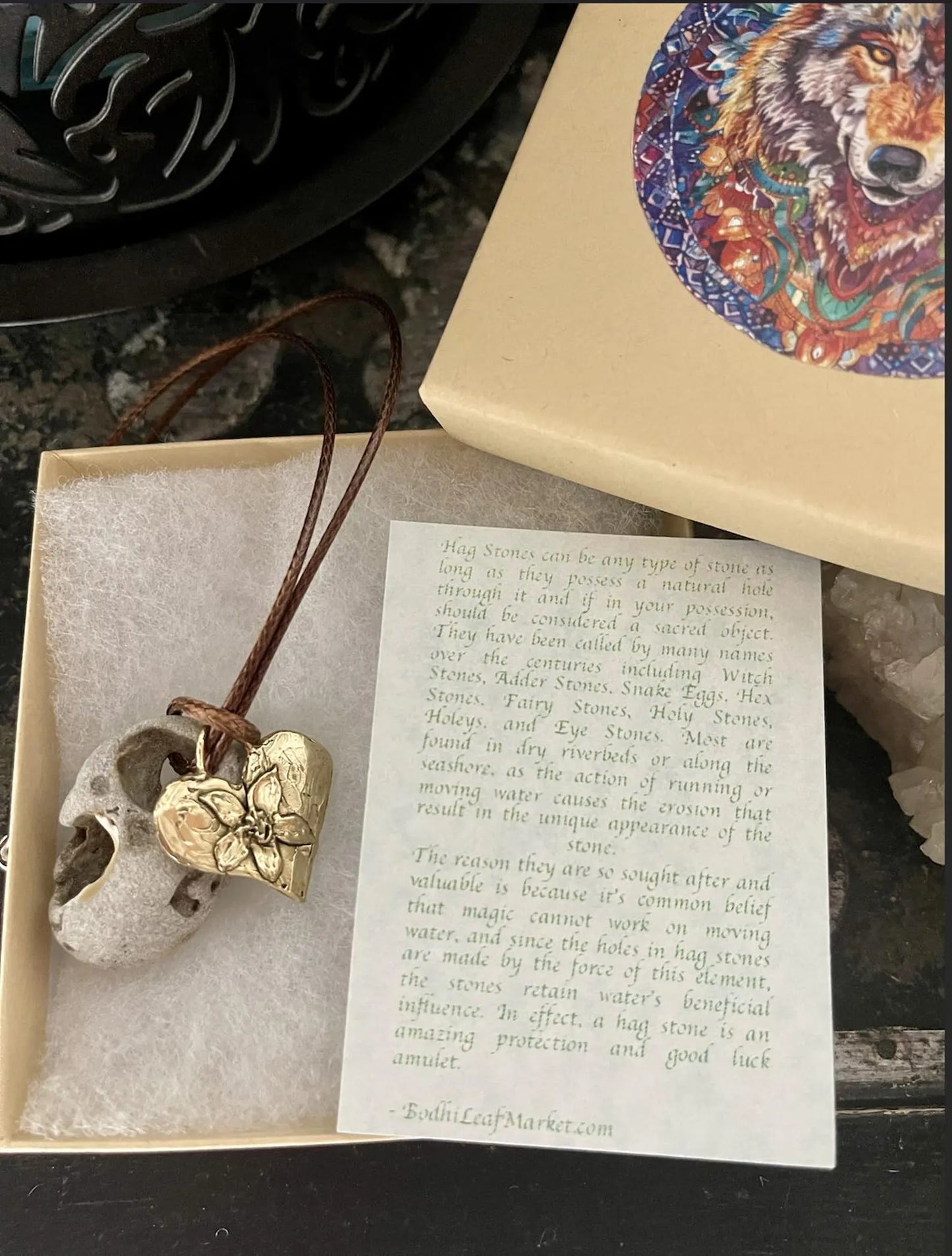 wolf, wolf gift, boxed wolf gift, wolf pendant, wolf box, hagstone pendant, hagstones, artisan heart charm, made in USA, Florida beach stone, hand chosen hagstone, good fortune stone, Bodhi Leaf Market