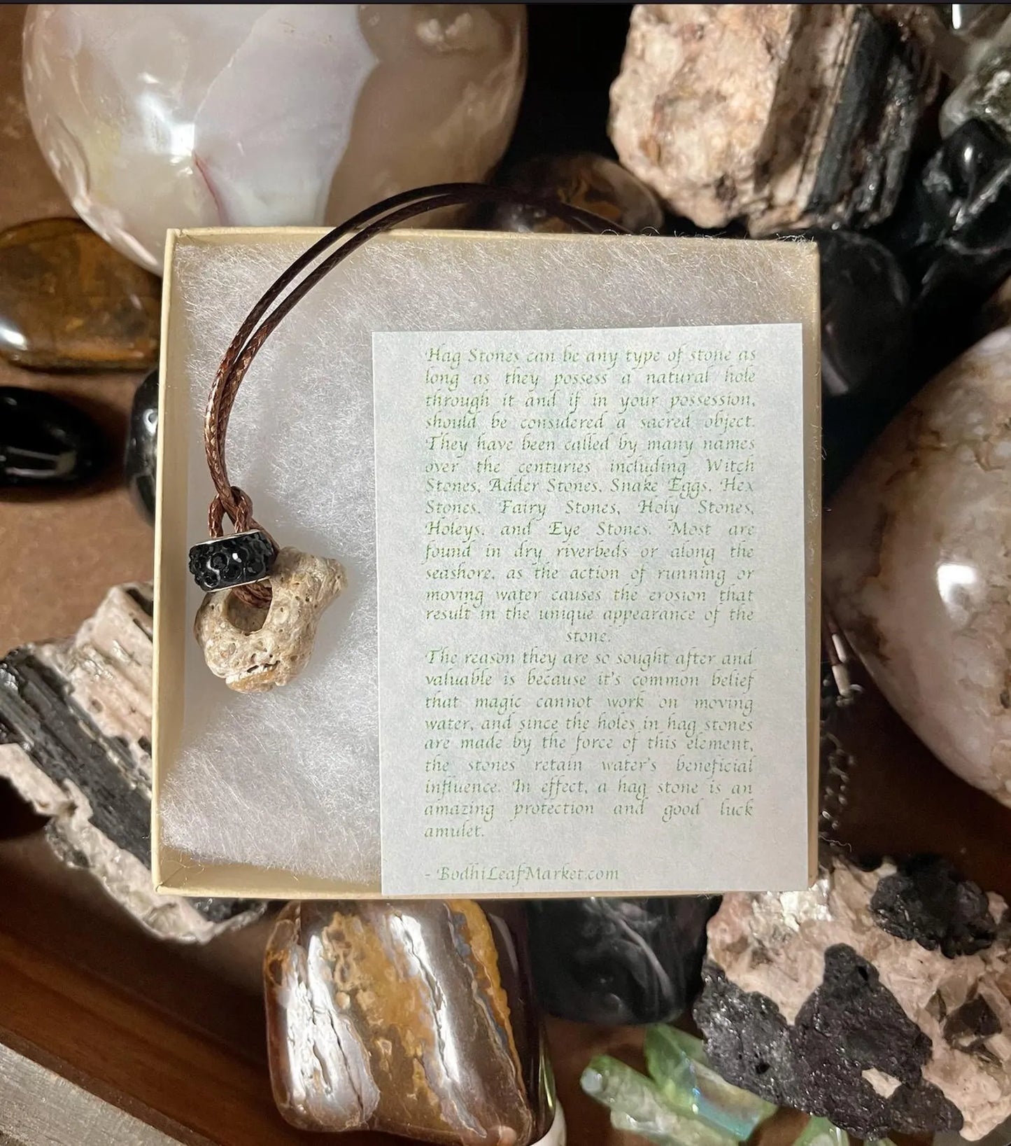 Gift Boxed Dragon Hag Stone and Crystal Bead, Bodhi Jewelry